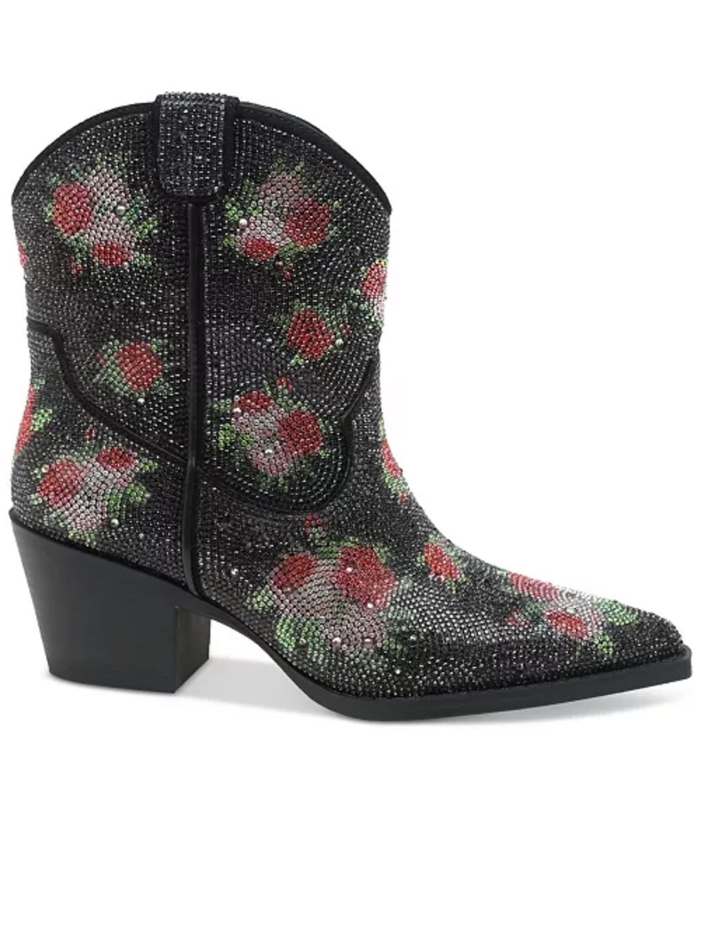 Black Floral Western Ankle Boot with Red Rose Accents - Picture 2 of 7